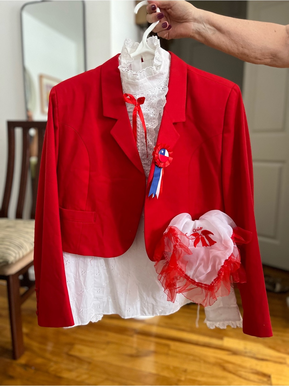 Red Women's Cropped Blazer with Decorative Ribbon